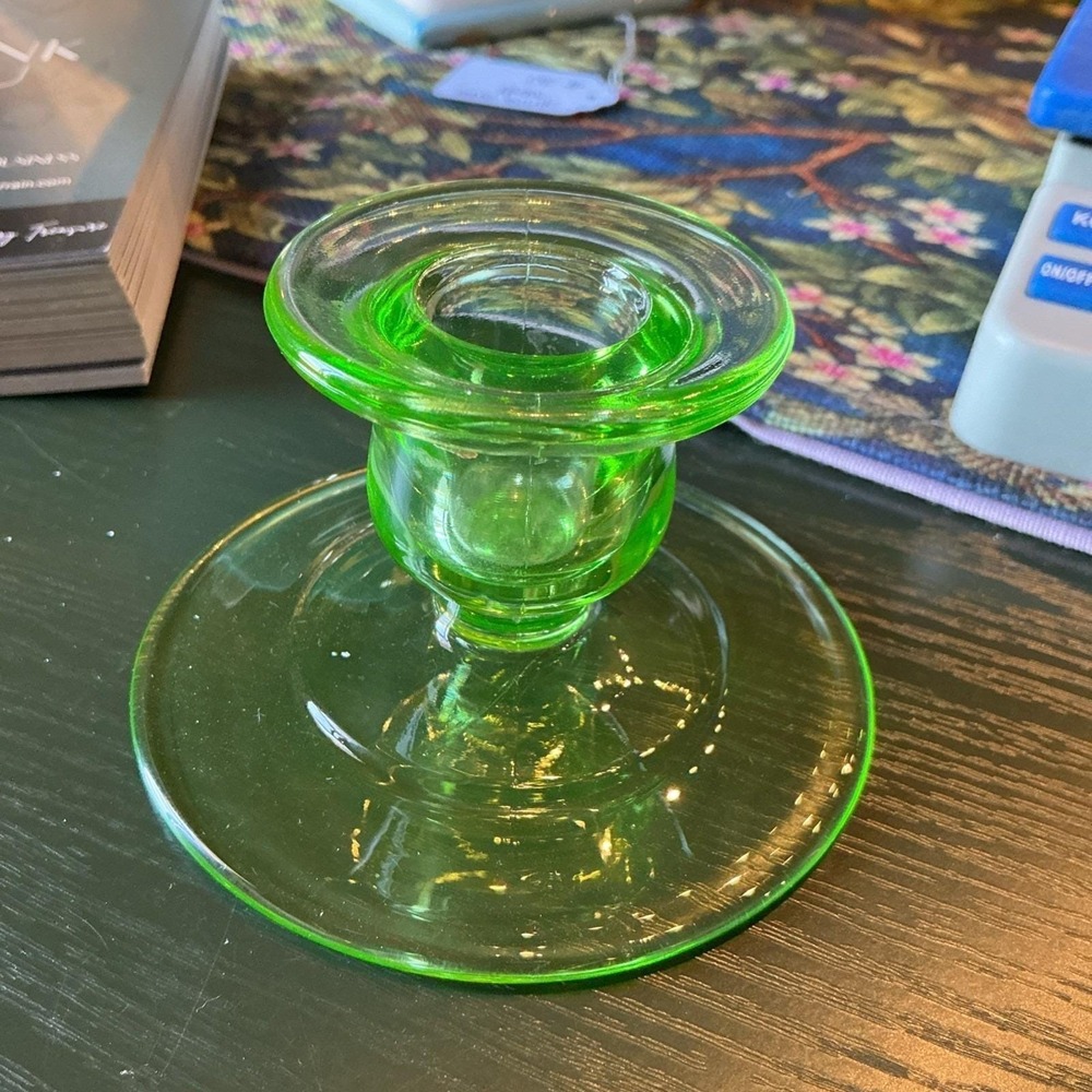 Vintage Green Uranium Depression Glass Candlestick Holder Round Base Glows UV
